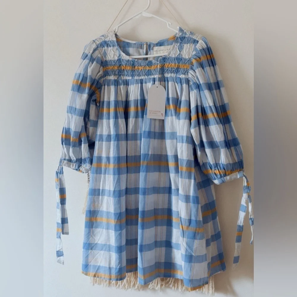 NWT Daughters of India Freya Blue Plaid Mini Dress Size XS Puff Tie Sleeve - Picture 3 of 6